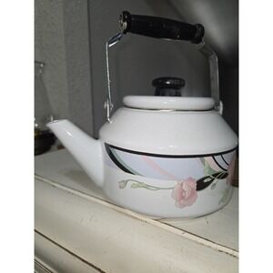 Enamel Floral White Stove Top Tea Kettle 2 qt Lid Ergonomic Handle Pink